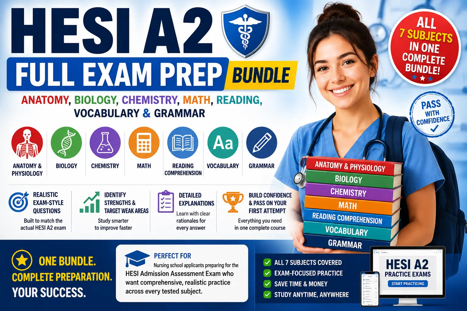 HESI A2 Full Exam Prep Bundle — Anatomy, Biology, Chemistry, Math, Reading, Vocabulary & Grammar